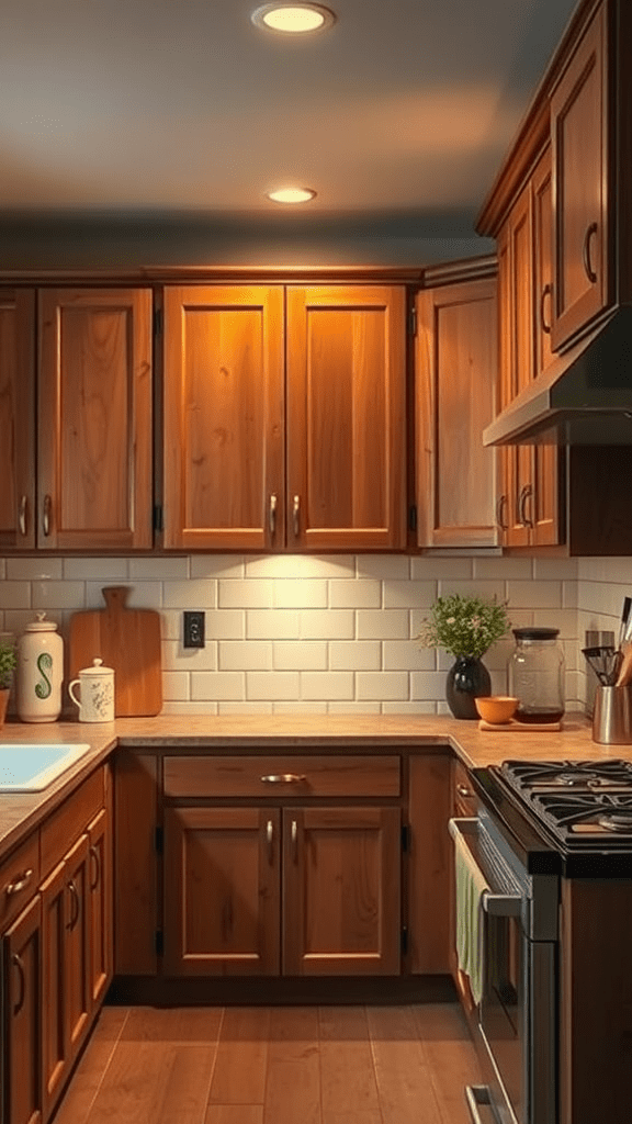 Cozy rustic kitchen with warm lighting highlighting wooden cabinets