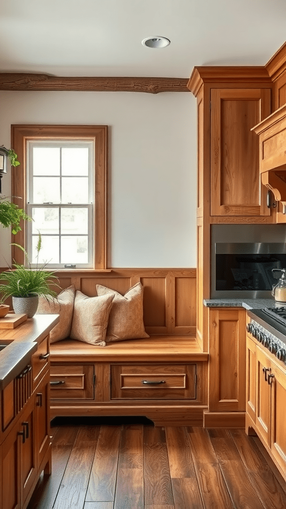 A rustic kitchen corner with built-in wooden seating, accented by soft cushions and natural light from a window.