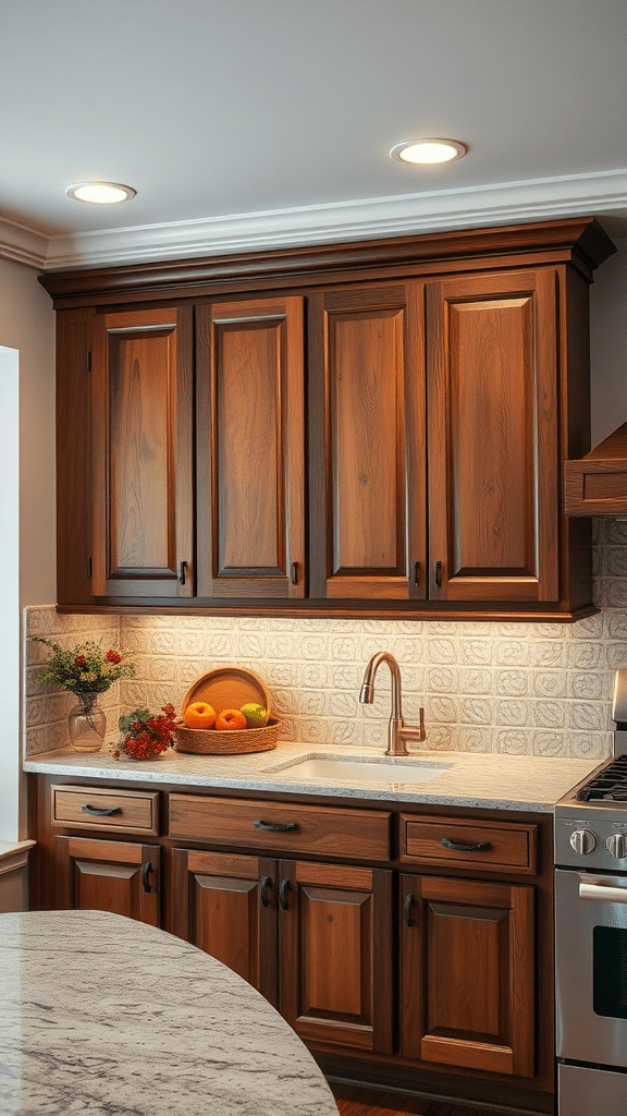 A rustic kitchen featuring wooden cabinets with crown molding, showcasing a warm and inviting design.