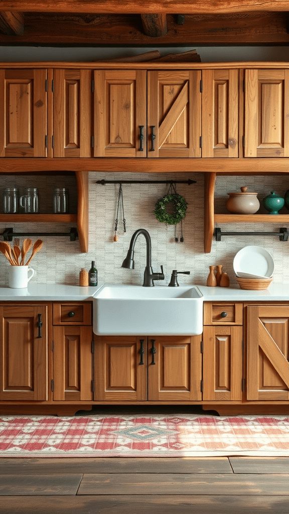 Rustic kitchen cabinets with a farmhouse sink, wooden materials, and decorative elements.