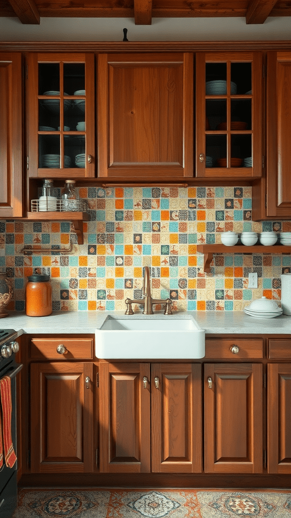 A rustic kitchen featuring wooden cabinets and a colorful mosaic tile backsplash.