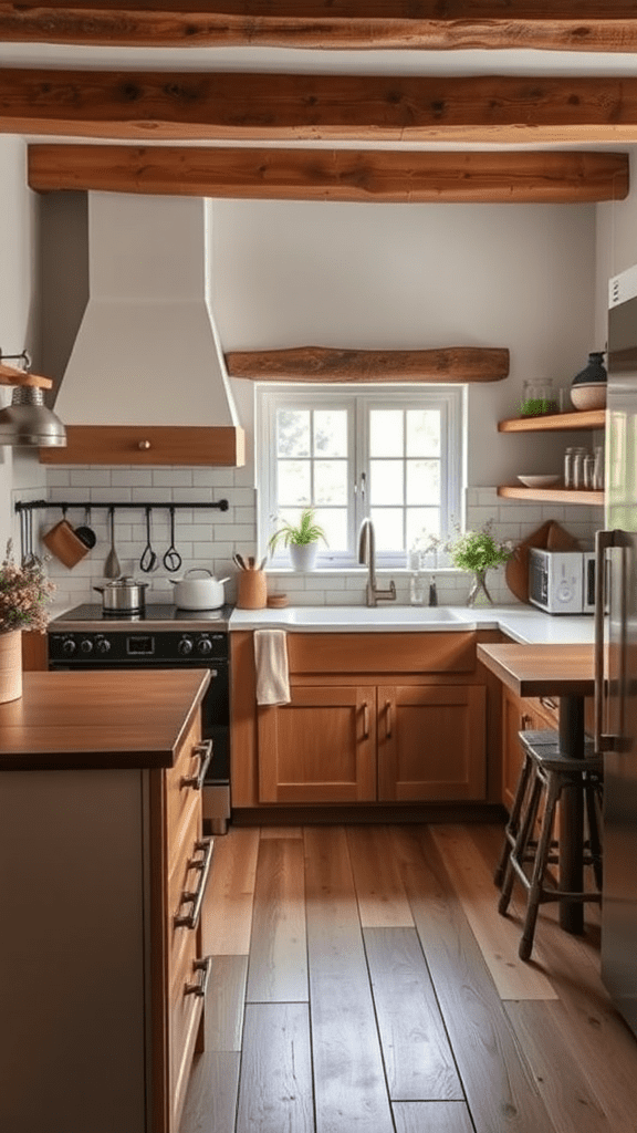 A cozy kitchen featuring warm wood tones, exposed beams, and modern appliances.