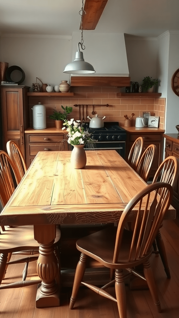 A rustic kitchen with a wooden table, chairs, and cozy decor.