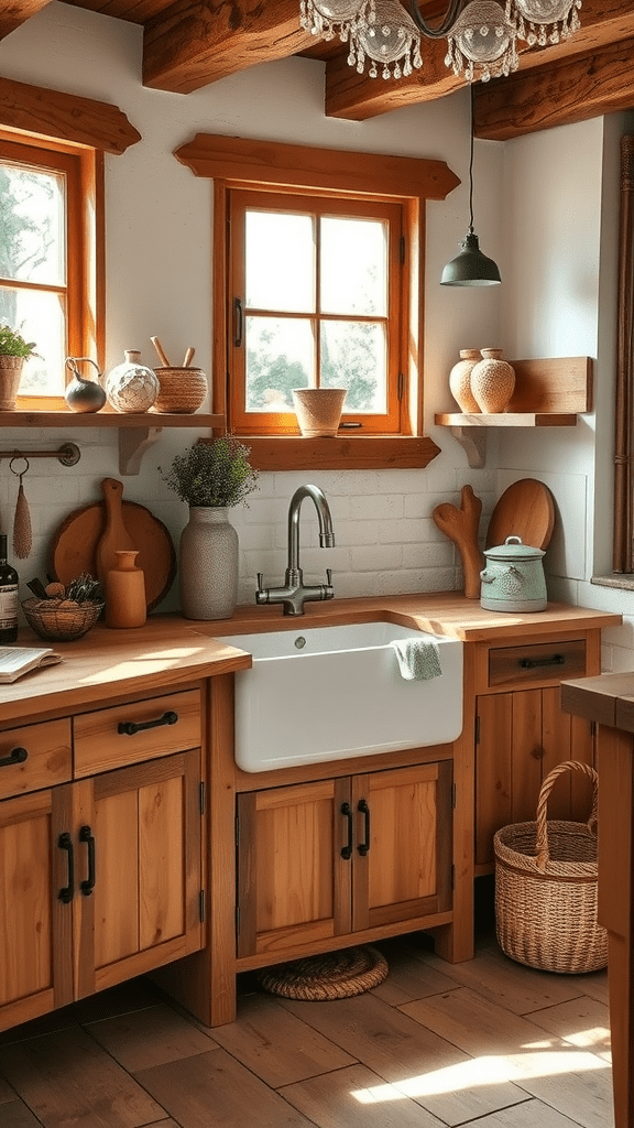 A rustic farmhouse sink surrounded by wooden cabinets and natural decor in a warmly lit kitchen.