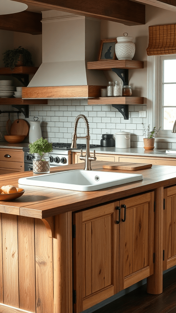 A rustic kitchen island featuring a white sink and modern faucet, surrounded by wooden cabinetry and shelves.