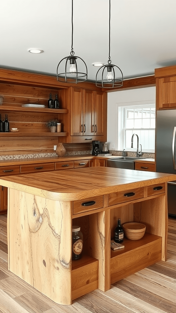 A rustic kitchen with a wooden island featuring a waterfall countertop and a cozy atmosphere.