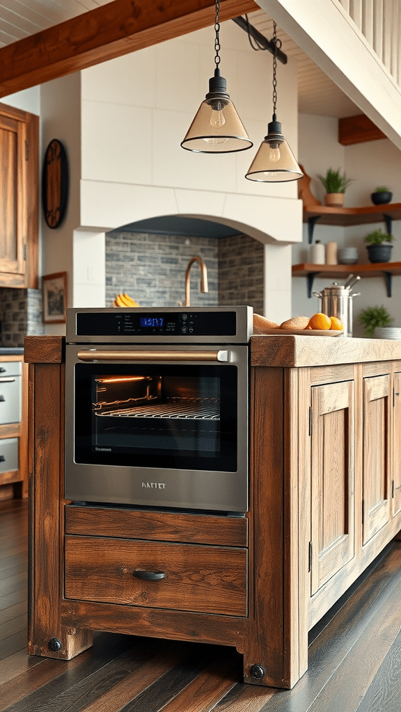 A rustic kitchen island featuring a built-in oven, warm wooden tones, and stylish pendant lights.