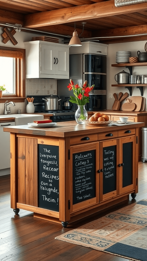 A rustic kitchen island with chalkboard sides, featuring fresh flowers and bread.