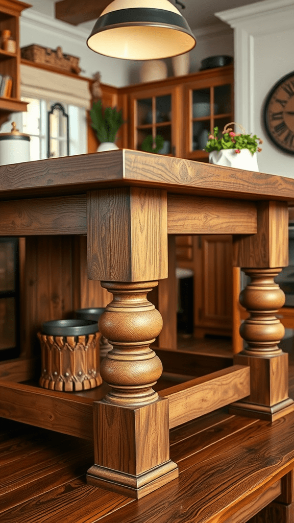 A rustic kitchen island featuring decorative leg designs.