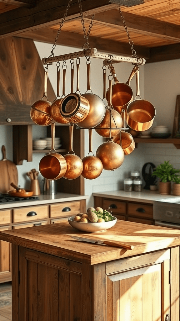 A rustic kitchen island with a hanging pot rack filled with copper pots and a bowl of fresh produce on the countertop.