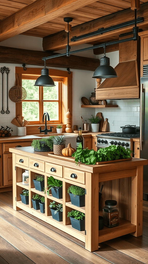 A rustic kitchen island with herb planters and fresh ingredients.