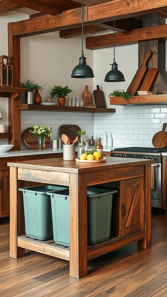 A rustic kitchen island with integrated green recycling bins and wooden shelves.