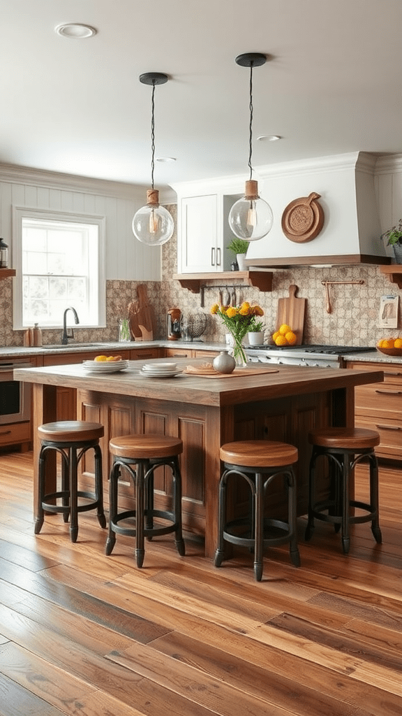 A rustic kitchen island with wooden stools and a warm color scheme.