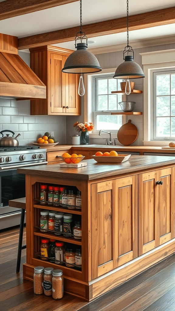 A rustic kitchen with a wooden island featuring a spice rack, fruits on top, and warm wooden cabinets.