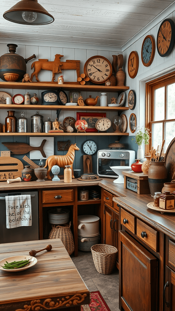 A cozy kitchen filled with rustic collectibles and knickknacks on shelves.