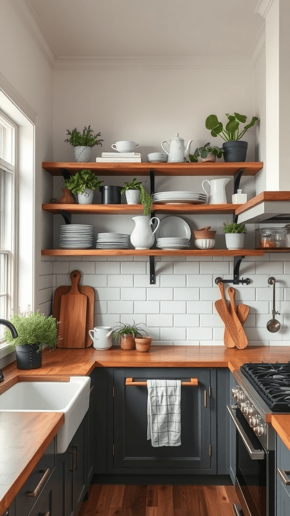 A rustic kitchen featuring open wooden shelves with dishware and plants.