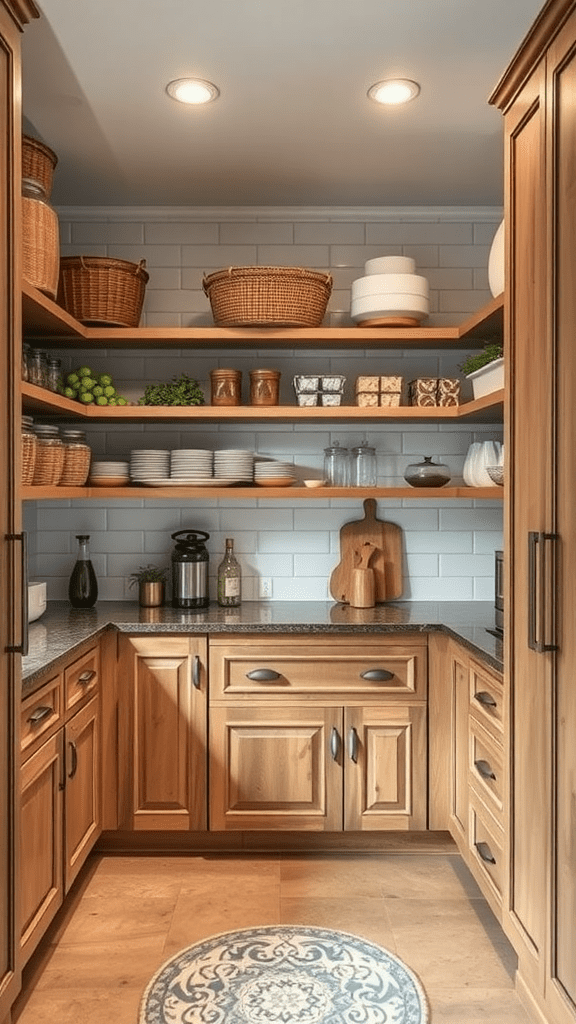 Rustic kitchen pantry with wooden shelves and various kitchenware.