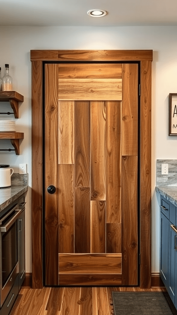 A rustic wooden pantry door with a unique design, showcasing various wood grains.