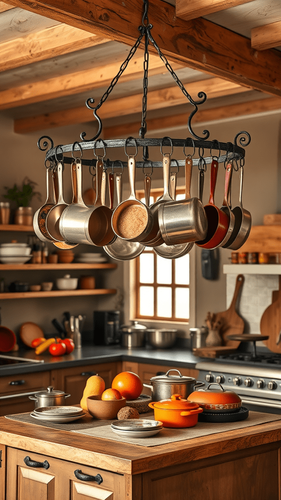 A rustic pot rack hanging above a kitchen island, displaying various pots and pans, with fresh produce on the counter.