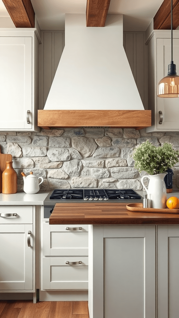 A kitchen featuring rustic stone slabs as a backsplash, with light cabinetry and wooden accents.