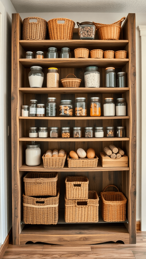 A wooden shelving unit filled with various jars and wicker baskets, showcasing an organized rustic storage solution.