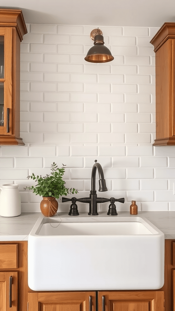 A rustic kitchen featuring white subway tiles, wooden cabinets, and a farmhouse sink.