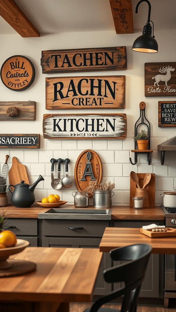 A collection of rustic wooden signs and kitchen decor on a wall, showcasing a cozy kitchen atmosphere.