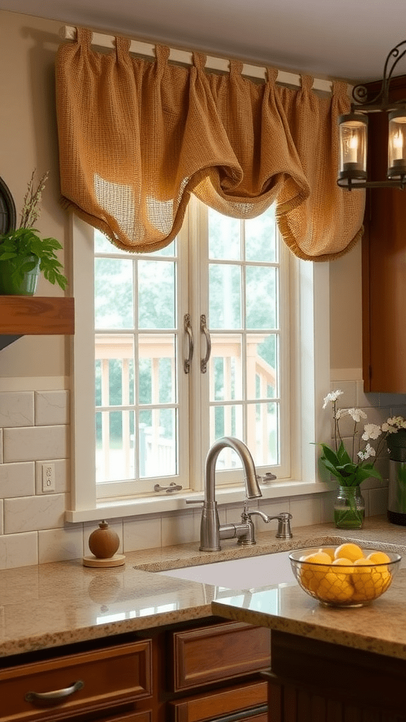 A kitchen window adorned with a textured, warm-colored curtain, showcasing a cozy and rustic style.