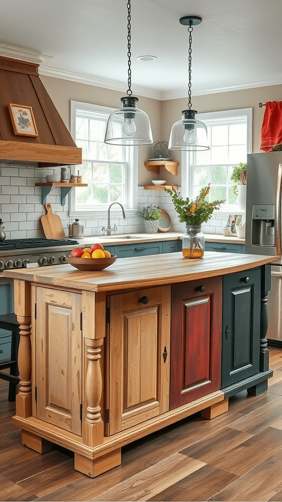 Colorful kitchen island made from salvaged doors with a wooden countertop and fruits on top.