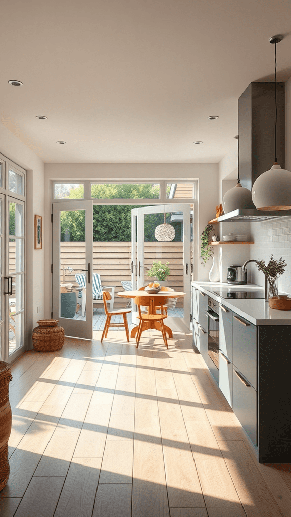 A modern kitchen with open doors leading to a sunny patio, featuring a small dining table and natural light.