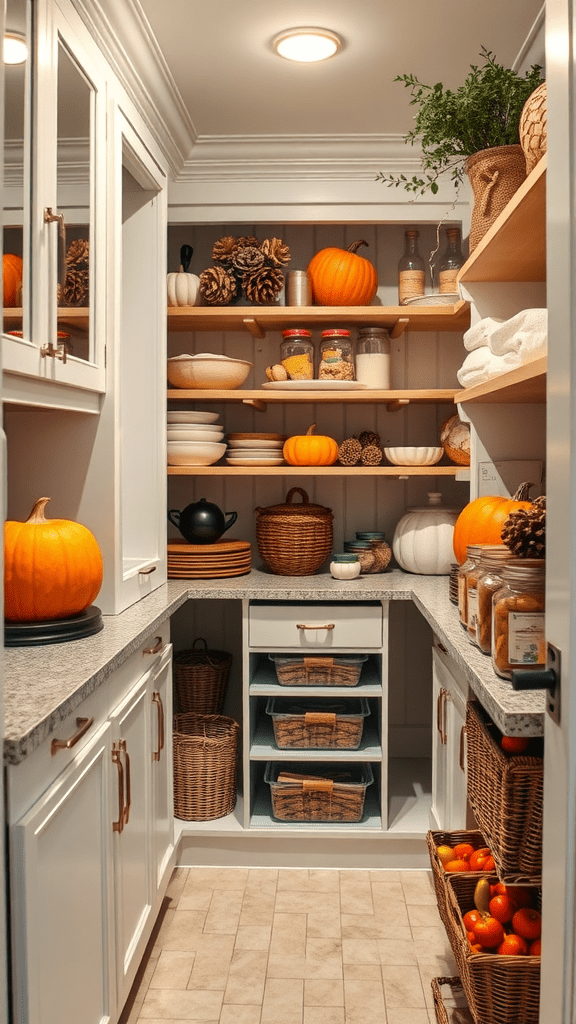 A well-organized pantry with seasonal decor including pumpkins and pinecones.