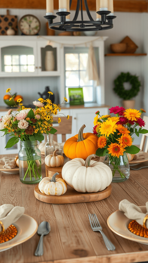 A beautifully arranged dining table featuring colorful flowers and various pumpkins.