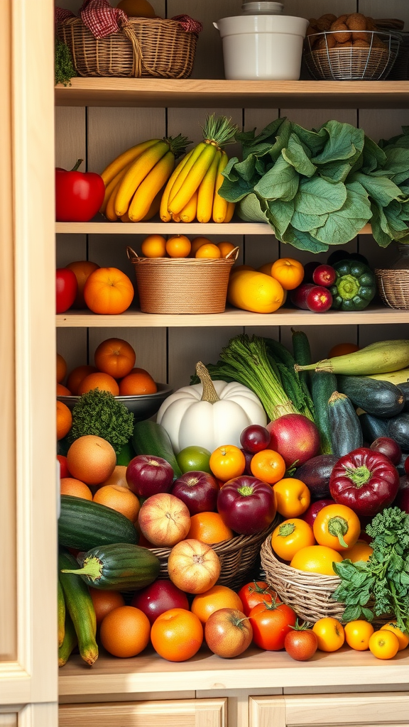 A vibrant display of various seasonal fruits and vegetables on wooden shelves, showcasing a variety of colors and shapes.