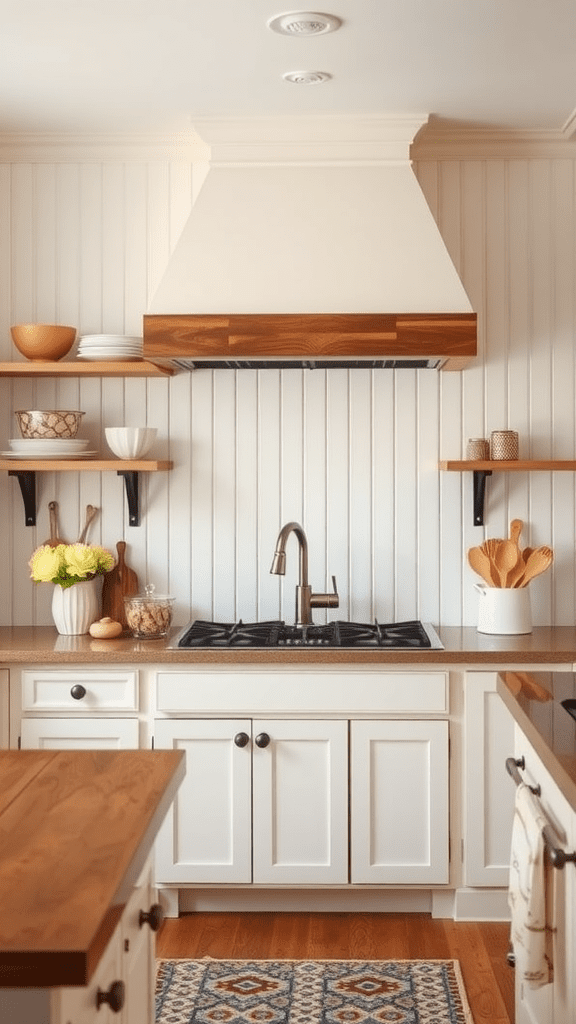 A cozy kitchen with beadboard walls, open shelving, and warm wooden accents.