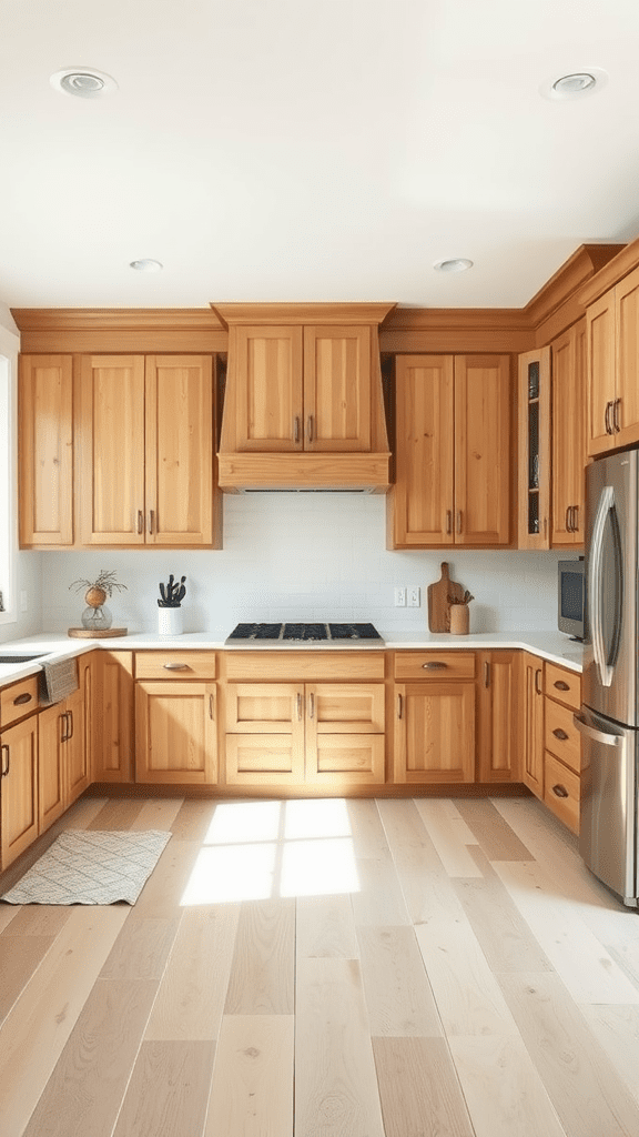 A cozy farmhouse kitchen with shaker style wooden cabinets.