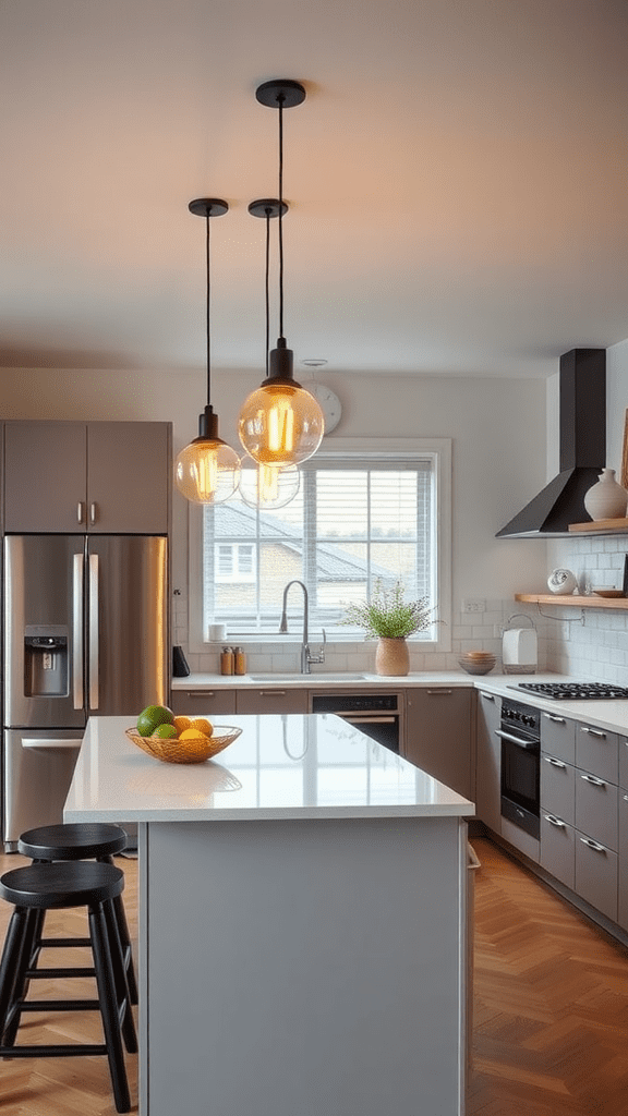 Stylish kitchen with three hanging light fixtures over the island.