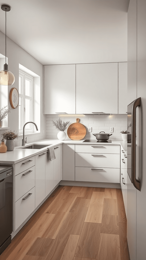 A sleek and minimalist kitchen with white cabinets and wooden flooring.