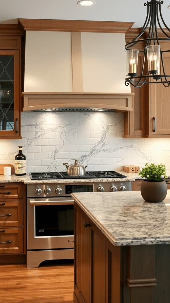 Modern farmhouse kitchen featuring sleek granite countertops, wooden cabinets, and stylish lighting.