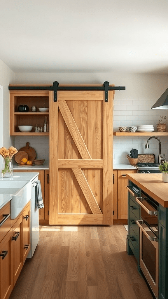 A farmhouse kitchen featuring a sliding barn door cabinet with wooden detailing.