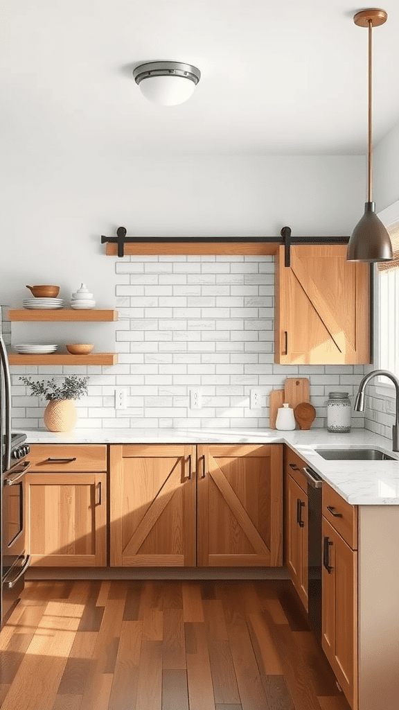 Rustic kitchen with sliding barn door cabinets