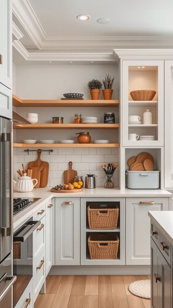 A stylish kitchen with open shelves displaying dishes, pots, and decorative items, alongside storage baskets for organization.