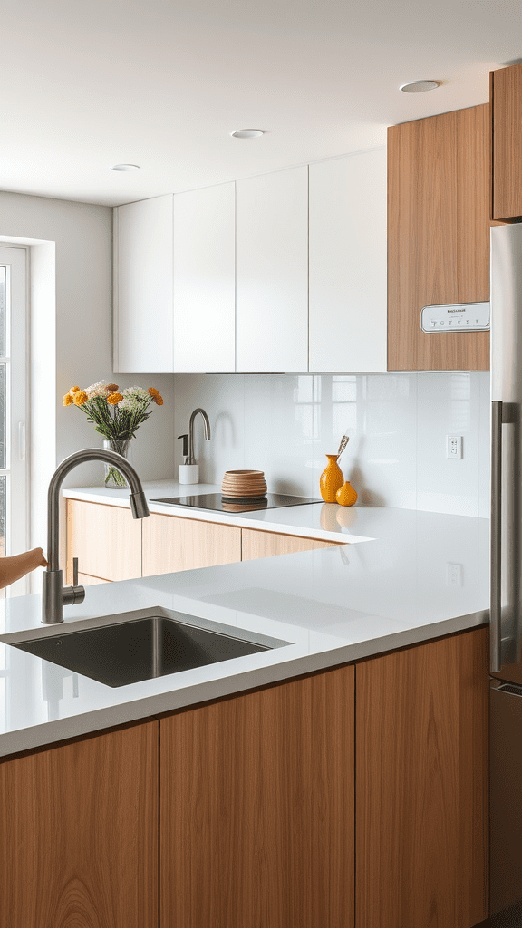 A modern kitchen featuring sleek cabinets, a stainless steel sink, and a beautiful vase of flowers on the countertop.