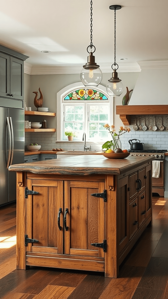 A kitchen with a stained glass panel above the sink, wooden island, and modern appliances.