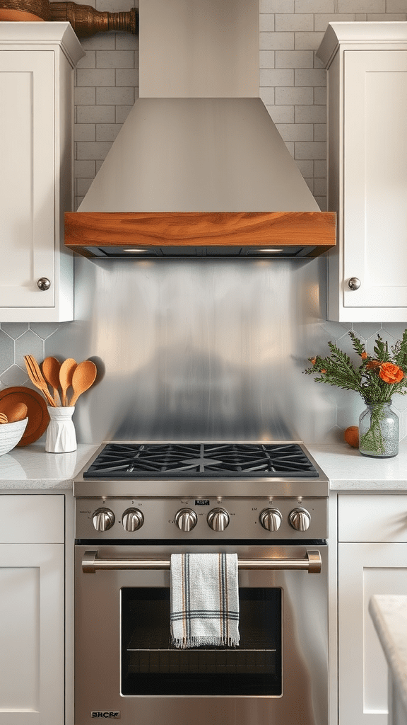 Modern kitchen with stainless steel appliances and wooden accents