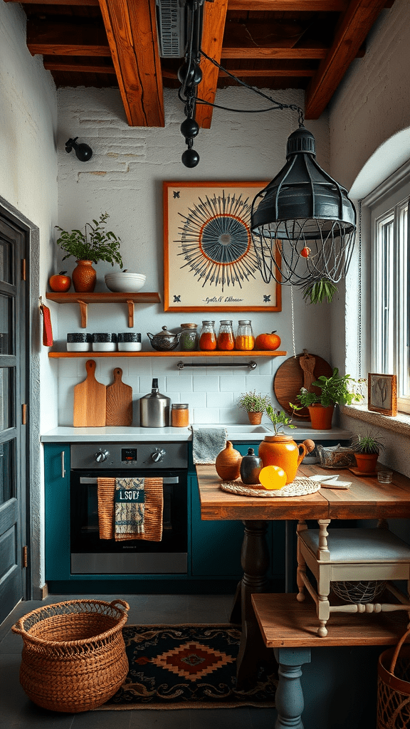 A cozy kitchen featuring a unique wall art piece along with stylish decor.