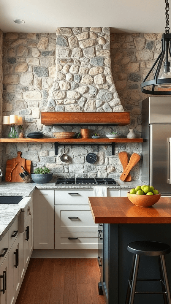 A kitchen featuring a stone accent wall, wooden shelves, and a modern design.