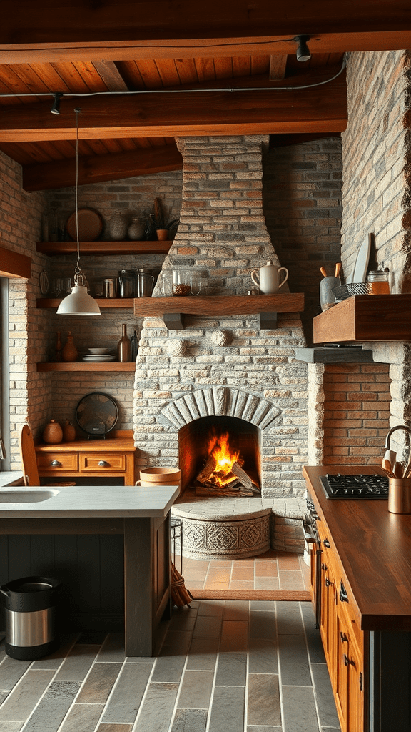 A cozy kitchen featuring a stone and brick fireplace, wooden shelves, and a modern island.