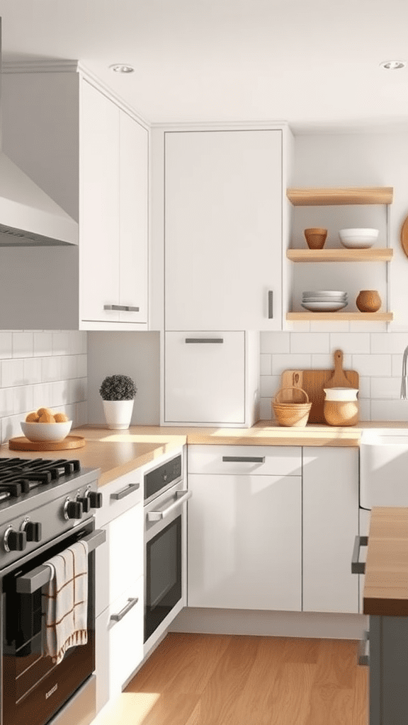 Modern kitchen with white cabinets, wood accents, and appliances.