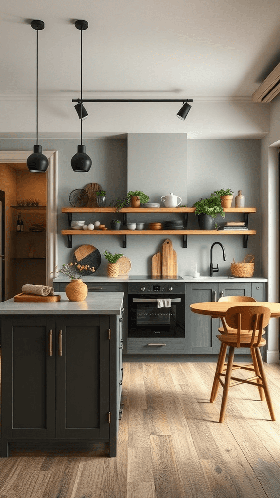 A modern kitchen featuring wooden shelves, plants, and a warm color palette.