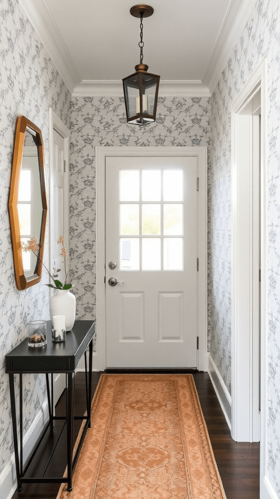 A hallway with patterned wallpaper, a mirror, and a stylish light fixture.